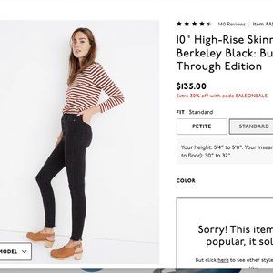 Madewell 10" High-Rise BLACK Skinny Jeans Raw Hem